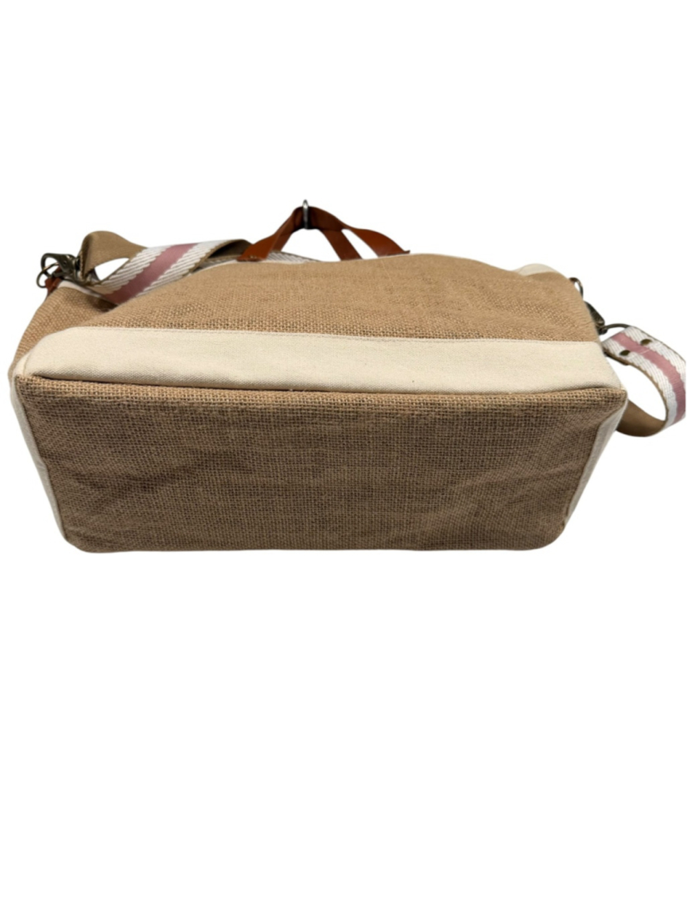 Beach Bum Canvas Jute Tote Bag Beige Brown Striped Strap Casual Travel Women's - Picture 5 of 10